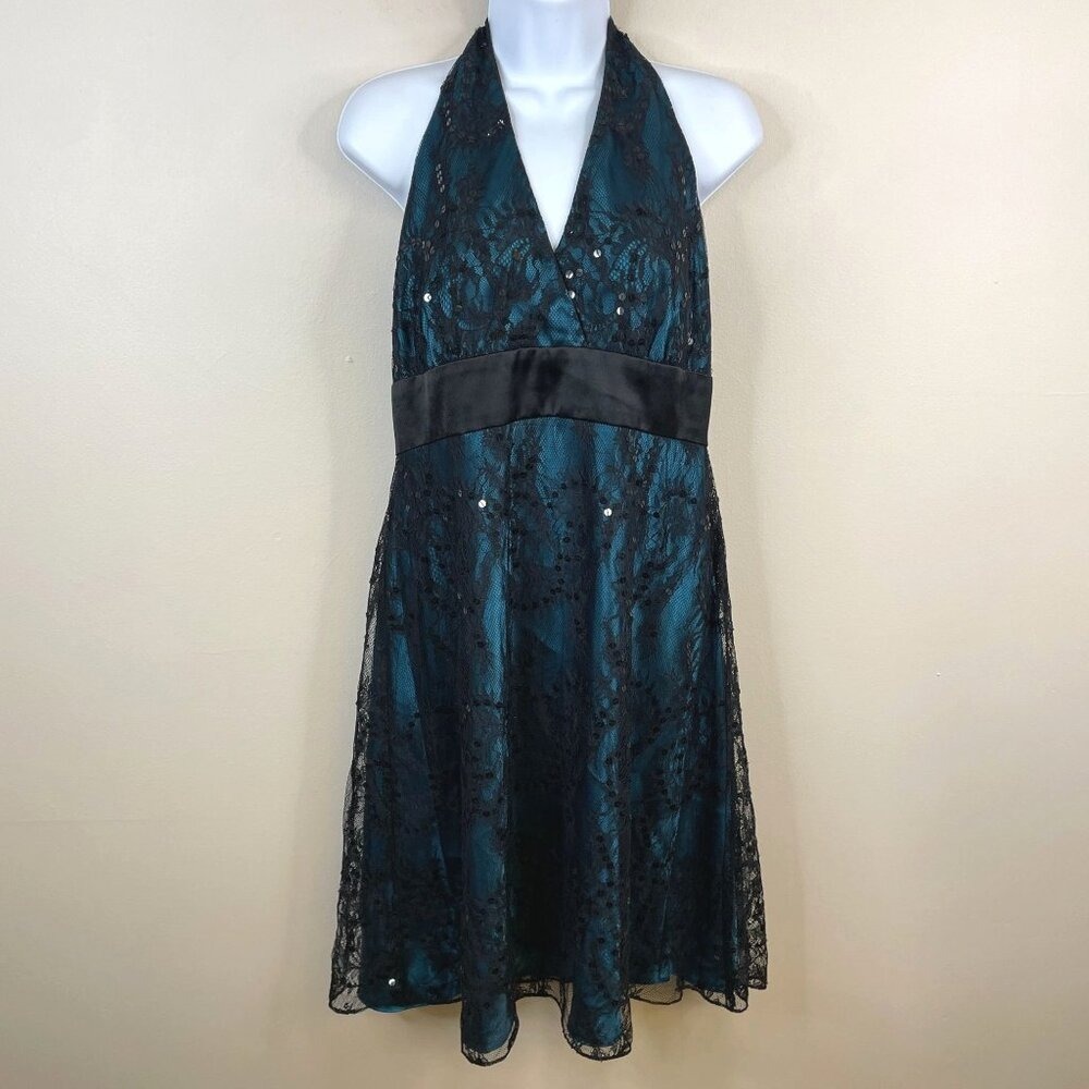 Vintage Y2K Whimsigoth Lace Dress 14 Teal Fairy Empire Backless Chic Midi Sequin